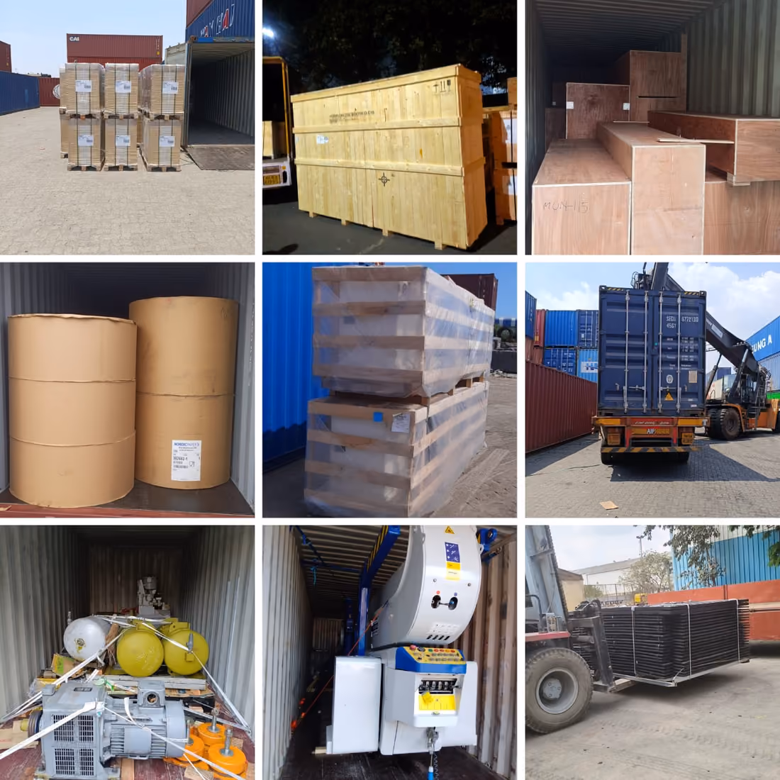 Nine shipments Sanguine has handled: palletised cartons, crated machinery, paper reels, boilers, factory equipment and containers on the move