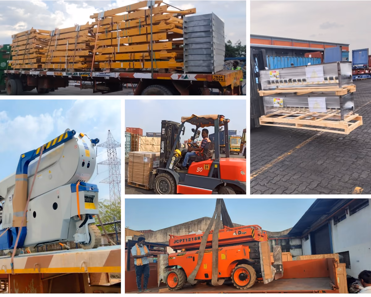 Five shipments Sanguine has handled: crane booms on a trailer, crated machinery, a forklift moving pallets and lifts being loaded