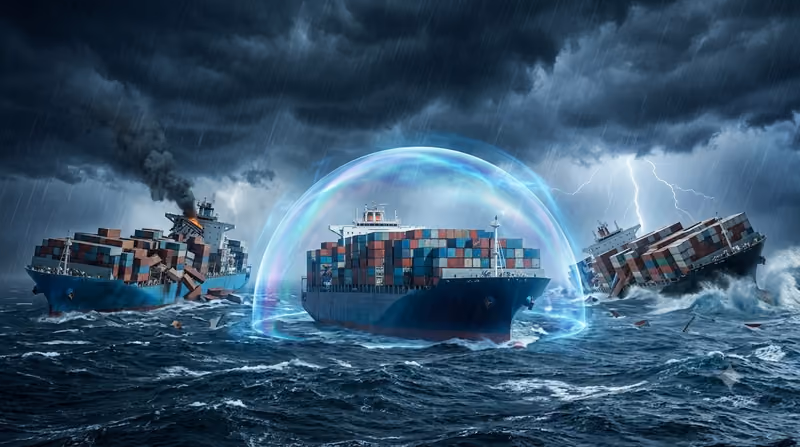 Illustration: a container ship sheltered under a protective dome while storms and damaged vessels surround it